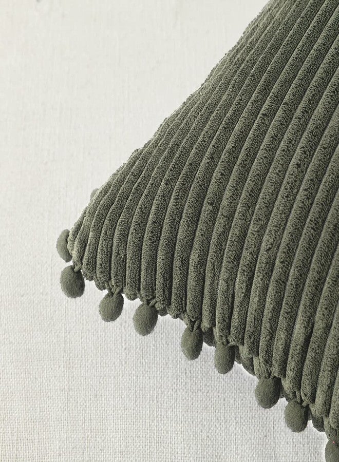 Fancy Homi طقم غطاءي وسادة زينة من فانسي هومي، لون أخضر زيتوني، مقاس 16×16 بوصة، مزينين بكرات صغيرة، مناسبين للأريكة والسرير وغرفة النوم، غطاء وسادة مربع من قماش الكوردروي الناعم، مقاس 40×40 سم، ديكور منزلي ريفي بوهيمي - Image 4